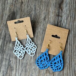 Handcrafted Blue and White Embroidered Lace Earrings
